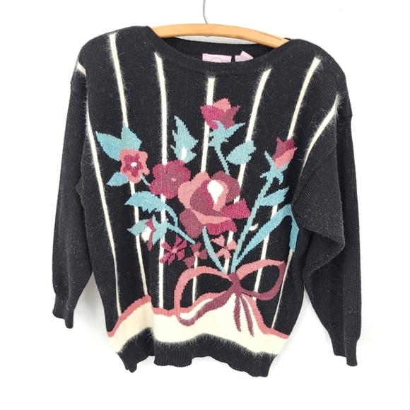 Vintage Sweaters - Vintage Emilia Saachi Bouquet Floral  Angora Detail Sweater
